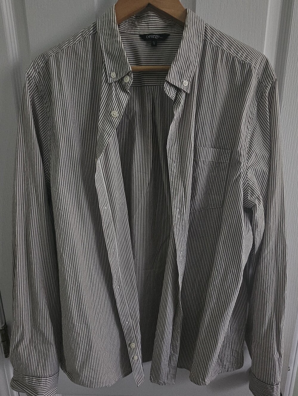 George Men's Green and White Vertical Stripe Button-Down Shirt
